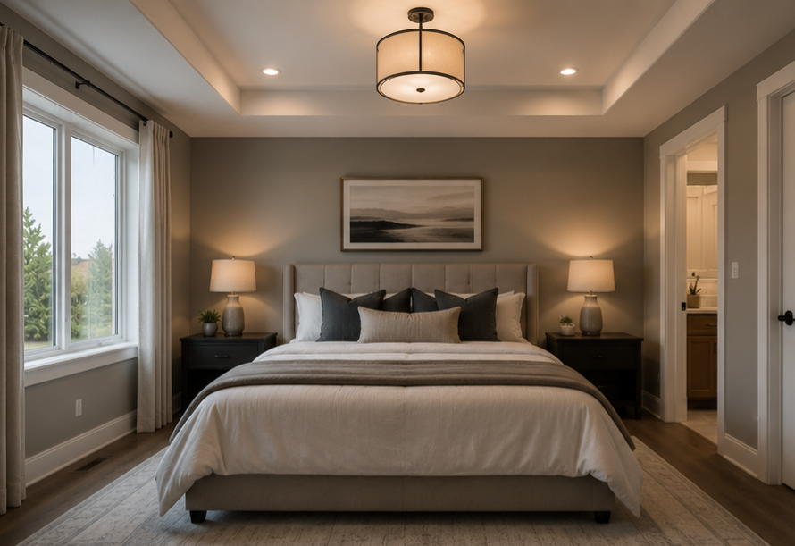 Repainted primary bedroom in warm neutral tones with tray ceiling