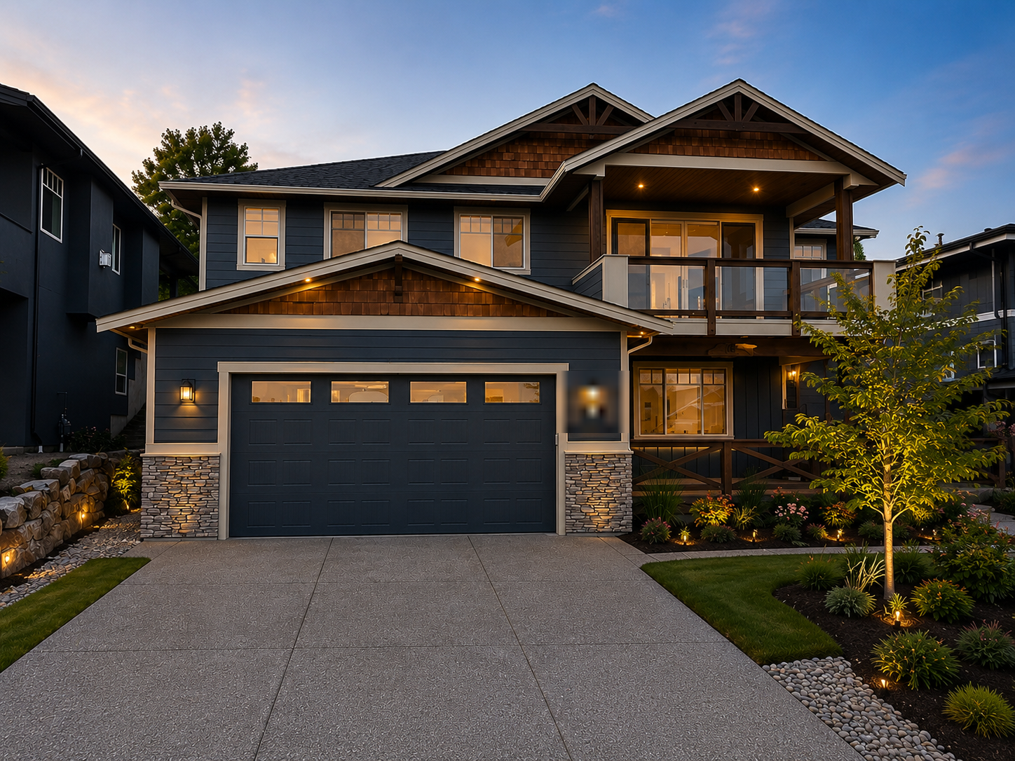 Slate-blue craftsman exterior repaint with cedar-shake gables
