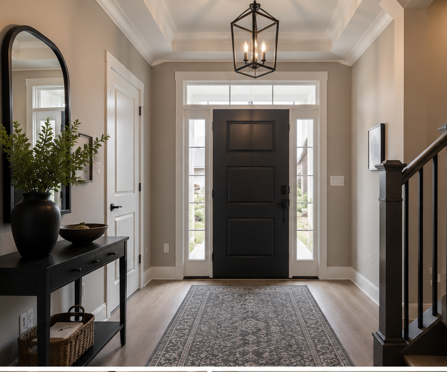 Bright two-storey foyer with dark front door and crisp white trim finished by VELORA