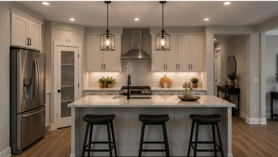 White kitchen with island, repainted walls, ceilings and millwork